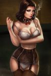  1girl alternate_costume artist_name bare_arms bare_shoulders bioshock bioshock_infinite black_hair blue_eyes bra breast_hold breasts brown_legwear cigarette cleavage closed_mouth collar collarbone contrapposto cowboy_shot curly_hair dandon_fuga detached_collar elizabeth_(bioshock_infinite) eyebrows eyeshadow frills garter_belt garter_straps hand_on_own_arm holding_arm large_breasts lingerie lips lipstick looking_at_viewer makeup mouth_hold nail_polish nose off_shoulder older panties pulled_by_self red_lips red_nails seductive_smile smile smoking solo standing strap_pull thigh-highs thimble underwear underwear_only watermark web_address white_bra white_panties 