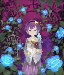  1girl animal animal_hug bird birdcage blue_rose blue_shirt cage cat closed_mouth expressionless flower frills hairband half-closed_eyes heart highres komeiji_satori long_sleeves looking_at_viewer purple_hair purple_skirt rose shihou_(g-o-s) shirt short_hair skirt solo standing third_eye touhou violet_eyes wide_sleeves 