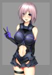  1girl :d breasts elbow_gloves fate/grand_order fate_(series) gloves grey_background highres large_breasts looking_at_viewer navel open_mouth revision shielder_(fate/grand_order) short_hair silver_hair simple_background smile solo tony_guisado v violet_eyes 