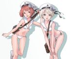  2girls :d alternate_costume aqua_eyes bag beret bikini blonde_hair breasts brown_eyes brown_hair cancell character_name clothes_writing hat highres kantai_collection leaning_forward looking_at_viewer matching_outfit multiple_girls navel open_mouth sailor_bikini sailor_collar silhouette simple_background smile smiley_face swimsuit teeth white_background white_bikini white_hat z1_leberecht_maass_(kantai_collection) z3_max_schultz_(kantai_collection) z3_max_schultz_(kantai_collection)_(cosplay) 