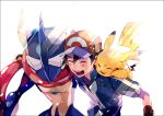  1boy arm_around_shoulder baseball_cap black_border black_hair border closed_eyes fingerless_gloves gloves greninja hat pikachu pokemon pokemon_(anime) pokemon_(creature) satoshi_(pokemon) simple_background smile white_background yuuichi_(bobobo) 