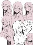  1girl ? akagi_(kantai_collection) bangs breasts character_sheet closed_eyes finger_to_chin fukuroumori hand_on_own_chin heart japanese_clothes kantai_collection large_breasts long_hair looking_at_viewer multiple_persona multiple_views open_mouth sketch smile translation_request 