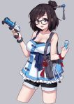  1girl :d adapted_costume bag bare_shoulders black-framed_eyewear black_eyes black_hair black_shorts blush bracelet breasts cleavage collarbone cropped_legs dress energy_gun glasses gun hair_bun hair_ornament hair_stick highres holding holding_gun holding_weapon jewelry large_breasts looking_at_viewer mei_(overwatch) open_mouth overwatch semi-rimless_glasses short_dress shorts shoulder_bag smile solo terras under-rim_glasses weapon white_dress 
