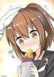  1girl artist_name black_serafuku blush brown_eyes brown_hair commentary_request crescent crescent_moon_pin eating flying_sweatdrops food fumizuki_(kantai_collection) hand_on_another&#039;s_head highres holding holding_food kantai_collection long_hair petting ponytail ryuki_(ryukisukune) school_uniform serafuku sweet_potato yakiimo 