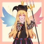  1girl alternate_costume black_dress blonde_hair borrowed_design candle clownpiece crown dress facepaint hajin hat long_hair looking_at_viewer neck_ruff polearm red_eyes see-through simple_background smile solo star striped touhou trident weapon wings 