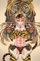  1girl abs animal_ears brown_hair burning_eyes claws cowboy_shot crossed_arms facial_mark floating_hair frown highres jinko_(monster_girl_encyclopedia) long_hair looking_at_viewer monster_girl monster_girl_encyclopedia muscle muscular_female navel orange_eyes pauldrons paundo2 paws serious solo tail tiger tiger_ears tiger_paws tiger_tail 