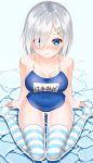  1girl blue_eyes blush breasts cleavage competition_school_swimsuit eyes_visible_through_hair hair_ornament hair_over_one_eye hairclip hamakaze_(kantai_collection) kantai_collection looking_at_viewer school_swimsuit short_hair silver_hair sitting solo striped striped_legwear swimsuit thigh-highs wariza water yasuto_(eria151) 
