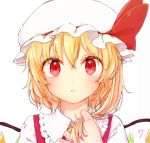  1girl blonde_hair blush commentary_request crystal face flandre_scarlet hat hat_ribbon honotai looking_at_viewer mob_cap parted_lips portrait red_eyes ribbon shirt short_hair side_ponytail simple_background solo touhou vest white_background wings 