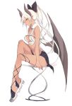  1girl arm_at_side bare_arms bare_shoulders black_skirt bow breasts cleavage dark_skin demon_girl demon_horns demon_wings from_side full_body hair_bow hand_on_own_knee high_heels horns leg_up long_hair looking_at_viewer looking_to_the_side lp_(hamasa00) navel no_socks on_table original pointy_ears ponytail revealing_clothes simple_background sitting skirt solo stomach table very_long_hair white_background white_hair wings yellow_eyes 
