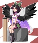  1girl arm_cannon black_hair black_legwear black_wings breasts cape dress_shirt green_skirt legs_together maru_rx medium_breasts miniskirt open_mouth puffy_short_sleeves puffy_sleeves red_eyes reiuji_utsuho shirt short_sleeves sitting skirt touhou weapon wings 