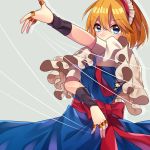  1girl alice_margatroid blonde_hair blue_dress blue_eyes capelet doll dress grey_background hairband lolita_hairband puffy_short_sleeves puffy_sleeves renka_(sutegoma25) sash short_hair short_sleeves simple_background solo touhou 