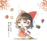  1girl =_= apple ascot autumn autumn_leaves bare_shoulders blush_stickers bow broom chibi detached_sleeves food frills fruit grapes hair_bow hair_tubes hakurei_reimu piyokichi pumpkin solo sparkle touhou wide_sleeves 