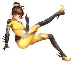  1girl alternate_costume alternate_hairstyle b.va_(overwatch) bodysuit brown_eyes brown_hair d.va_(overwatch) full_body hair_bun index_finger_raised leg_up looking_at_viewer nal_(nal&#039;s_pudding) overwatch pilot_suit short_hair smile solo 