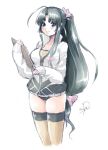  1girl ahoge black_eyes black_hair blush bow breasts buruma clipboard hair_bow jacket kantai_collection large_breasts long_hair low-tied_long_hair owju_(ouju) pen ponytail shouhou_(kantai_collection) signature sketch smile solo thigh_strap very_long_hair 