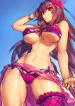  &gt;:( 1girl adapted_costume ass_visible_through_thighs bare_shoulders bikini bracelet breasts closed_mouth commentary_request cowboy_shot fate/grand_order fate_(series) flower groin hair_flower hair_ornament hibiscus highres jewelry large_breasts long_hair looking_at_viewer melon22 navel purple_bikini purple_hair red_eyes sarong scathach_(fate/grand_order) solo swimsuit under_boob very_long_hair 