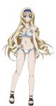  1girl bikini blonde_hair blue_eyes blue_hairband breasts cecilia_alcott cleavage collarbone eyebrows eyebrows_visible_through_hair full_body hairband hand_on_hip highres infinite_stratos long_hair looking_at_viewer medium_breasts navel shiny shiny_skin side-tie_bikini simple_background smile solo swimsuit transparent_background white_bikini 