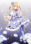  1girl blonde_hair blue_bow blue_eyes blue_legwear bow collarbone dress eyebrows eyebrows_visible_through_hair hair_bow highres lolita_fashion long_hair looking_at_viewer moemoe3345 original smile solo striped striped_legwear two_side_up vertical-striped_legwear vertical_stripes 