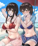  2girls adjusting_clothes adjusting_swimsuit akagi_(kantai_collection) alternate_costume beach beach_umbrella bikini black_legwear blue_bikini blue_jacket blush breast_hold breasts brown_hair cleavage contemporary denim denim_shorts fukuroumori hair_between_eyes hair_grab halter_top halterneck jacket kaga_(kantai_collection) kantai_collection large_breasts lips long_hair looking_at_another midriff multiple_girls ocean open_mouth outdoors red_bikini short_hair short_ponytail shorts side-tie_bikini side_ponytail sitting skindentation sweat sweating swimsuit thigh-highs umbrella unzipped white_legwear yellow_eyes 