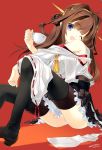  1girl brown_hair cup detached_sleeves headgear jpeg_artifacts kantai_collection kongou_(kantai_collection) long_hair long_sleeves nakamura_takeshi nontraditional_miko one_eye_closed open_mouth panties pantyshot pantyshot_(sitting) pleated_skirt sitting skirt smile solo teacup thigh-highs underwear violet_eyes wide_sleeves 
