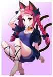  1girl absurdres animal_ears barefoot bell bell_collar braid casual cat_ears cat_tail collar collarbone hair_ornament hairpin highres jacket kaenbyou_rin long_hair mouth_hold nekomata open_clothes open_jacket popsicle red_eyes redhead solo sweat tail tanakara touhou twin_braids 