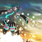  1girl aqua_eyes aqua_hair artist_name ass_visible_through_thighs bare_shoulders boots detached_sleeves hatsune_miku jumping long_hair necktie outstretched_arms skindentation solo sowel star teeth thigh-highs thigh_boots thighs twintails vocaloid 