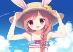  1girl animal_ears arms_up bare_arms bare_shoulders braid brown_hair clouds commentary_request flower hair_over_shoulder hands_on_headwear hat long_hair looking_at_viewer open_mouth original outdoors rabbit_ears red_eyes single_braid sky solo straw_hat sunflower suzu_(kosakabe) swimsuit upper_body 