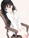 1girl alternate_costume asashio_(kantai_collection) bare_legs between_legs black_hair blue_eyes chair closed_mouth commentary_request dated dress_shirt hand_between_legs heart hibanar kantai_collection long_hair long_sleeves looking_at_viewer naked_shirt shirt simple_background sitting solo thighs v-arms white_shirt 