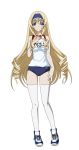 1girl blonde_hair blue_eyes blue_hairband breasts buruma cecilia_alcott character_name eyebrows eyebrows_visible_through_hair full_body gym_uniform hairband highres infinite_stratos long_hair looking_at_viewer medium_breasts simple_background smile solo thigh-highs transparent_background white_legwear 