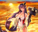  black_hair blush breasts cannon casual_one-piece_swimsuit cleavage fusou_(kantai_collection) hair_ornament kantai_collection light_smile long_hair ocean one-piece_swimsuit red_eyes sarong sun sunset swimsuit turret water zenkaku 