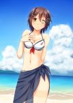  1girl alternate_costume arm_behind_back bare_arms bare_shoulders beach bikini breasts brown_eyes brown_hair cleavage closed_mouth clouds commentary_request furutaka_(kantai_collection) hair_between_eyes hair_ornament hairclip heterochromia highres kantai_collection looking_at_viewer medium_breasts navel noronosuke ocean outdoors sand sarong short_hair sky solo swimsuit water yellow_eyes 