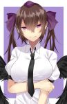  1girl bird_wings black_necktie black_wings breast_hold breasts brown_hair closed_mouth collared_shirt feathered_wings furrowed_eyebrows hat highres himekaidou_hatate large_breasts looking_at_viewer necktie onineko-chan puffy_short_sleeves puffy_sleeves purple_ribbon ribbon shirt short_sleeves solo tokin_hat touhou twintails violet_eyes white_shirt wings 