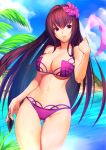  1girl akisa_(12023648) bikini breasts clouds cloudy_sky fate/grand_order fate_(series) female highres kunai long_hair looking_at_viewer midriff navel palm_tree purple_hair red_eyes scathach_(fate/grand_order) sky solo swimsuit tree weapon 