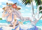  1girl animal_ears bangle beach belt bent_over bikini blush bracelet braid breasts cat_ears cleavage clouds collarbone erun_(granblue_fantasy) flower frilled_bikini frills granblue_fantasy hair_between_eyes hair_tubes hat hat_flower heles hibiscus jewelry kirika_(nutsmoon) large_breasts long_hair ocean one_eye_closed open_mouth sarong silver_hair single_braid sky solo sparkle swimsuit tree very_long_hair yellow_eyes 