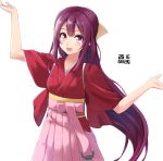  1girl hakama hands_up highres japanese_clothes kamikaze_(kantai_collection) kantai_collection kimono kyulf long_hair pose purple_hair red_eyes solo 