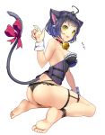  1girl animal_ears bell bell_collar black_hair black_panties bow cat_ears cat_tail collar fang fingernails highres kneeling looking_at_viewer nasubi_(w.c.s) original panties red_bow short_hair side_ponytail simple_background solo tail tail_bow underwear white_background yellow_eyes 