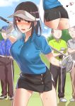 1girl 3boys absurdres alternate_costume ass black_hair black_skirt blue_shirt blue_sky blush breasts breath collared_shirt commentary_request cowboy_shot crossed_arms glasses gloves golf golf_club highres kantai_collection kitazawa_(embers) large_breasts leaning_forward legs_apart long_hair looking_at_viewer medium_breasts miniskirt multiple_boys open_mouth outdoors pencil_skirt polo_shirt shiny shiny_hair shirt short_sleeves skirt sky solo_focus standing sweat takao_(kantai_collection) thighs visor_cap white_gloves 