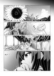  1boy 2girls alternate_costume alternate_hairstyle comic flower greyscale kantai_collection kobamiso_(kobalt) monochrome multiple_girls sunflower tone_(kantai_collection) 