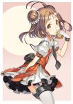  1girl antenna_hair brown_hair commentary cowboy_shot double_bun eating food food_on_face gloves highres kantai_collection lasa_(lasa1116) light_brown_eyes naka_(kantai_collection) necktie remodel_(kantai_collection) sailor_collar scrunchie solo thigh-highs white_legwear 