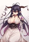  1girl black_hair breasts cradle_(2849) danua dress fingerless_gloves gloves granblue_fantasy highres horn_ornament horns large_breasts long_hair pointy_ears red_eyes solo standing 