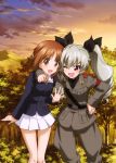  2girls absurdres anchovy arm_around_shoulder black_necktie black_ribbon black_shirt brown_hair collarbone drill_hair eyebrows eyebrows_visible_through_hair forest girls_und_panzer hair_ribbon hand_on_hip highres long_hair military military_uniform multiple_girls nature necktie nishizumi_miho official_art one_eye_closed pleated_skirt ribbon shirt short_hair silver_hair skirt tree twin_drills uniform white_skirt 