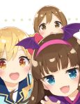  &gt;:d 3girls :d :o aikatsu! aikatsu_stars! blonde_hair blue_eyes blush brown_eyes brown_hair claw_pose crossover fake_wings fang hairband head_wings kunikida_hanamaru kurosu_aroma long_hair looking_at_viewer love_live! love_live!_sunshine!! multiple_crossover multiple_girls nijino_yume open_mouth peko pripara school_uniform smile twintails wings 