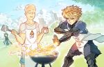  1girl 2boys apron bald black_sclera blonde_hair cityscape clothes_writing clouds collarbone commentary cyborg dutch_angle earrings fire food genos green_hair grill grilling jewelry multiple_boys one-punch_man outdoors rtil saitama_(one-punch_man) short_hair side_slit steak stud_earrings sweatdrop tatsumaki yellow_eyes 
