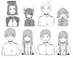 3boys 5girls admiral_(kantai_collection) annoyed arashio_(kantai_collection) arm_warmers asashio_(kantai_collection) bangs buttons collared_shirt evil_grin evil_smile expressionless eyebrows eyebrows_visible_through_hair eyepatch furrowed_eyebrows greyscale grin hair_between_eyes height_difference japanese_clothes kantai_collection long_hair looking_at_viewer looking_away magatama mechanical_halo military military_uniform mole mole_under_eye monochrome multiple_boys multiple_girls neck_ribbon necktie open_mouth ribbon ryuujou_(kantai_collection) school_uniform shirt short_sleeves short_twintails sidelocks simple_background smile soborodooon suspenders tatsuta_(kantai_collection) tenryuu_(kantai_collection) twintails uniform visible_ears white_background 
