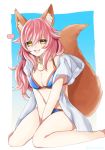  1girl animal_ears bikini blue_bikini blush breasts caster_(fate/extra) cleavage fang fate/extra fate/grand_order fate_(series) fox_ears fox_tail heart jewelry large_breasts necklace open_mouth pink_hair sitting solo swimsuit tail yellow_eyes 