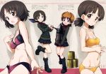  2girls :d absurdres alina_(girls_und_panzer) black_boots black_bra black_panties black_skirt blush blush_stickers boots bra breasts brown_eyes brown_hair collarbone fur_hat girls_und_panzer groin hat head_tilt highres holding jacket kurashima_tomoyasu lace lace-trimmed_bra lace-trimmed_panties leg_up long_sleeves low_twintails medium_breasts multiple_girls navel nina_(girls_und_panzer) open_mouth own_hands_together panties parted_lips pink_bra pink_panties pleated_skirt polka_dot polka_dot_bra polka_dot_panties scan school_uniform short_hair short_twintails shovel skirt small_breasts smile tank_shell twintails underwear ushanka worktool yellow_bra yellow_panties 