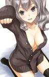  1girl alternate_costume ashiya_hiro black_legwear blue_eyes breasts cardigan cleavage collarbone from_above hair_between_eyes kantai_collection kashima_(kantai_collection) looking_at_viewer medium_breasts open_mouth silver_hair sitting twintails unbuttoned wavy_hair 