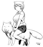  1girl animal breasts expressionless fuchibeppu_chiyuri greyscale hair_flaps half-closed_eyes huge_breasts looking_at_viewer monochrome original riding short_hair skirt solo sweater_vest tibetan_desert_fox tsukudani_(coke-buta) 