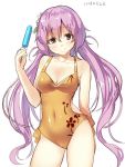  1girl alternate_costume arm_at_side ass_visible_through_thighs bare_arms bare_legs bare_shoulders collarbone contrapposto covered_navel floral_print flower hair_between_eyes hair_flower hair_ornament kasa_jizou long_hair looking_at_viewer one-piece_swimsuit popsicle purple_hair smile solo swimsuit thighs touhou tsukumo_benben twintails very_long_hair violet_eyes yellow_swimsuit 