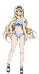  1girl bikini blonde_hair blue_bikini blue_bow blue_eyes blue_hairband bow breasts cecilia_alcott cleavage collarbone eyebrows eyebrows_visible_through_hair full_body hairband hand_on_hip highres infinite_stratos long_hair looking_at_viewer medium_breasts navel shiny shiny_skin simple_background smile solo swimsuit transparent_background 