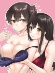  2girls akagi_(kantai_collection) blue_bra bra bra_removed breast_grab breasts brown_hair fukuroumori grabbing hair_between_eyes kaga_(kantai_collection) kantai_collection large_breasts long_hair looking_at_another midriff multiple_girls pink_background red_bra side_ponytail smile underwear underwear_only upper_body yellow_eyes yuri 